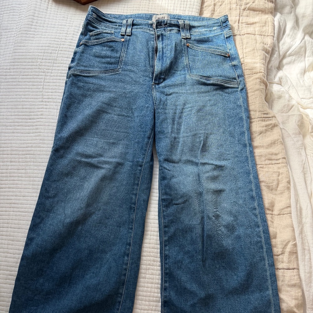 Paige Anessa Petite Wide Leg Cropped Jeans, Size 32 Petite, Sunnie Distressed